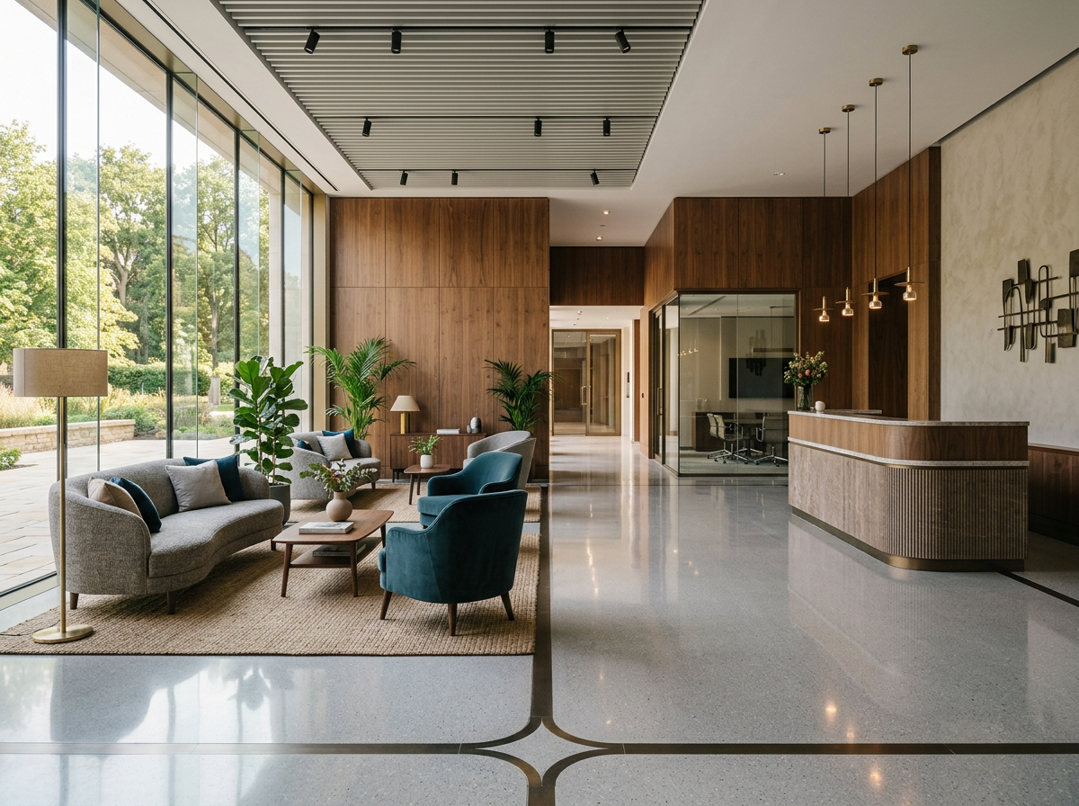 A contemporary reception lobby with a seating area