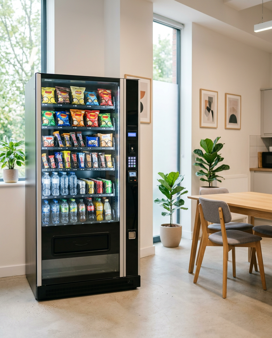 A modern glass-fronted snack and drink vending machine in a bright office break room