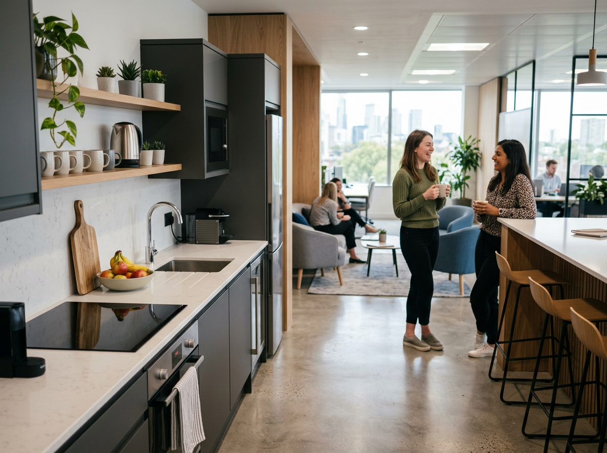 A bright modern office kitchen and break area